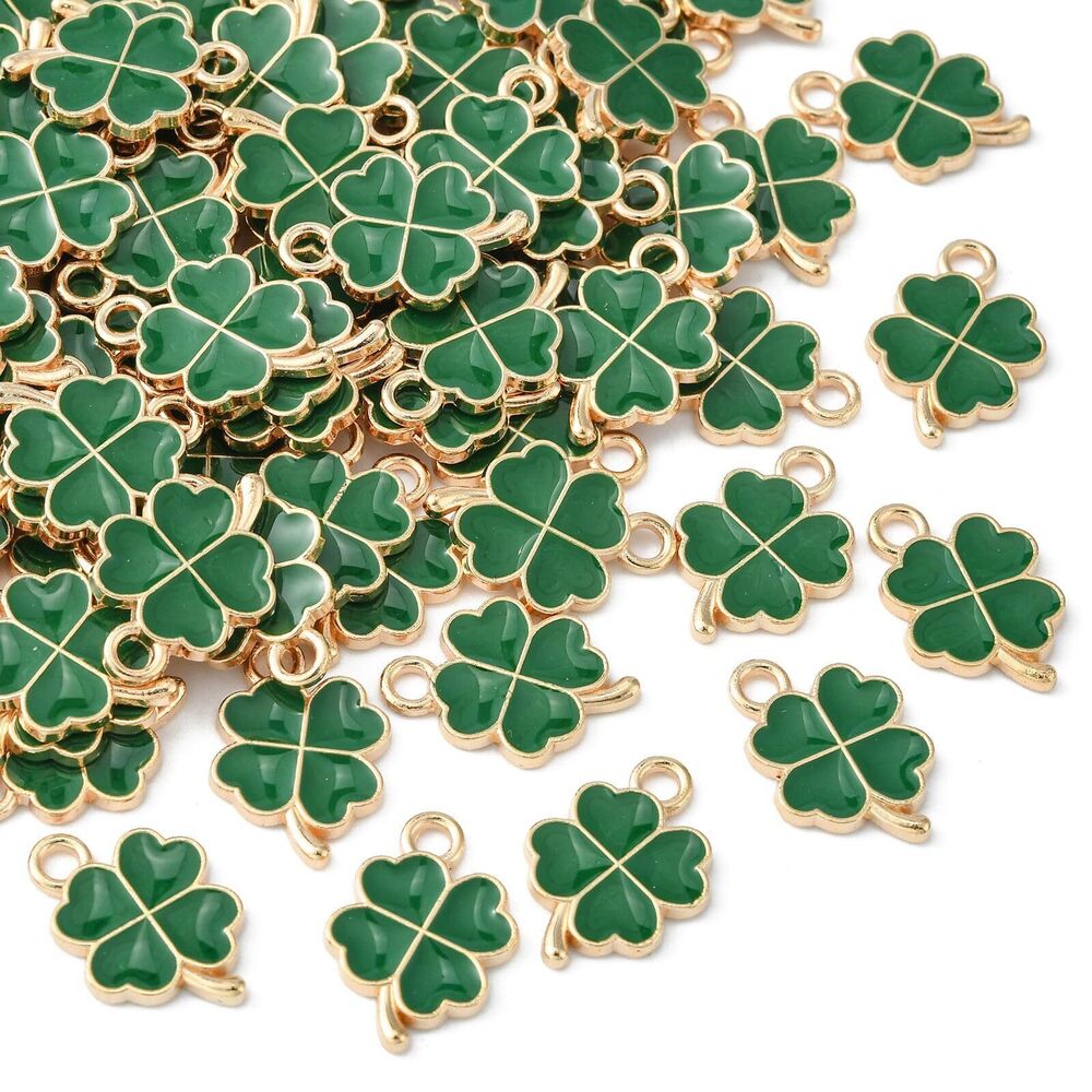 1172 100pcs Green Clover Charms Enamel Shamrock Four Petal Lucky Leaf